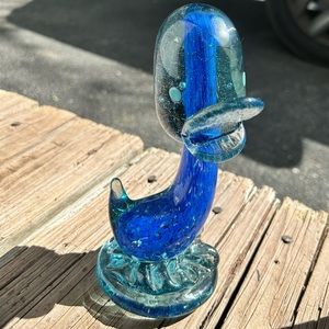 Quacking Duck Hand Blown Glass Blue Speckled Art Glass Quacking Duck